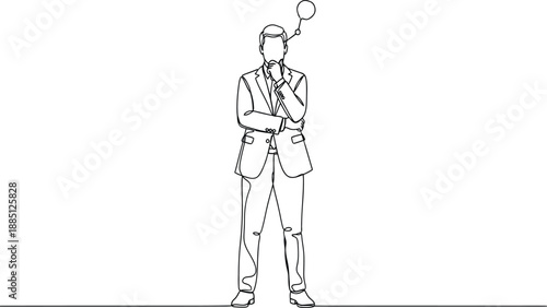 Continuous line drawing of thoughtful businessman in suit thinking, concept of problem solving, business strategy, vision, innovation, and professional planning.