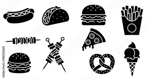Collection of black and white icons representing fast food items, snacks, and utensils