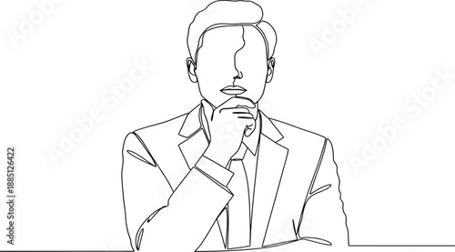Continuous line drawing of thinking businessman in suit, concept of professional strategy, innovation, problem solving, decision making, leadership, and corporate vision.