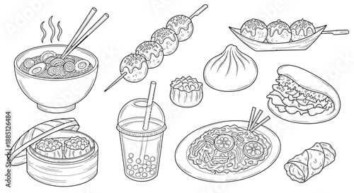 Assorted Chinese dishes including noodles, dumplings, skewers, buns, spring rolls, bubble tea, and dim sum