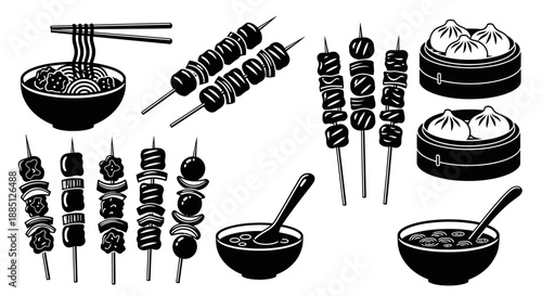 Assorted Asian skewers, dumplings, sauces, and noodles illustrated in black and white