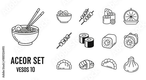 Collection of 10 line art sushi and food bowls, including rolls, sashimi, and condiments