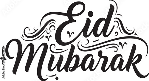 Eid Mubarak elegant hand lettering typography with crescent moon and hanging star for Islamic greeting card designs