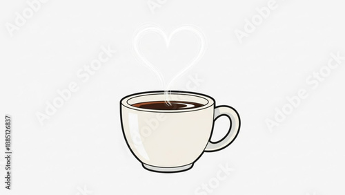 White coffee cup with steam forming a heart shape symbolizing love for coffee isolated on a light background