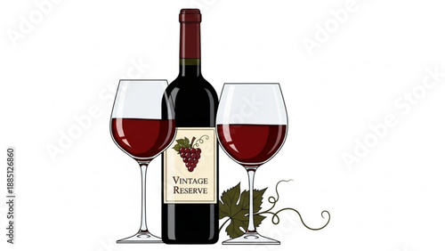 Bottle of red wine with two glasses vintage reserve label and grape vine isolated on white background for celebration or advertising