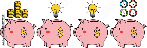 Piggy bank savings concept illustration showing money growth, ideas, investment and financial planning in flat vector style