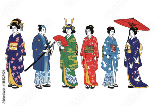 Elegant Japanese Attire: A group of individuals showcase the vibrant beauty of traditional Japanese attire, offering a glimpse into a rich cultural heritage. 