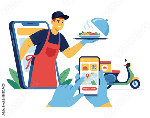 Digital Delivery: A vibrant illustration depicts a modern food delivery scenario, showcasing the seamless integration of technology and service, epitomizing convenience and efficiency.