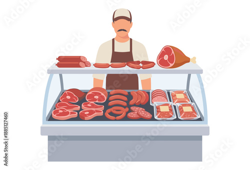 Meat Display at the Butcher Shop: A butcher stands proudly behind a glass display, showcasing a variety of high-quality meats, a testament to culinary expertise and the freshest cuts.