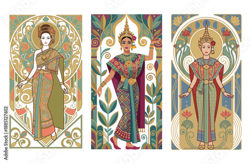 Enchanting Thai Traditions: A stylized triptych showcases three beautiful women adorned in traditional Thai attire, surrounded by ornate frames, celebrating the richness of cultural heritage.