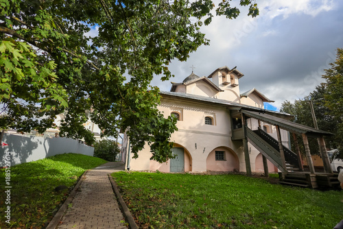 Ancient Orthodox church in Veliky Novgorod, historic landmark of medieval Russia.