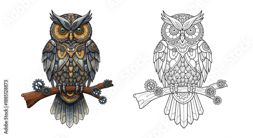 Steampunk Owl Sitting on Branch Image Creative Mechanical Bird for Fantasy and Tech Art