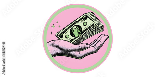 A pink circle with a green outline, featuring an illustration of money