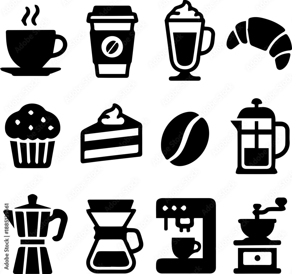Obraz premium Coffee and Bakery Silhouette Icons Set