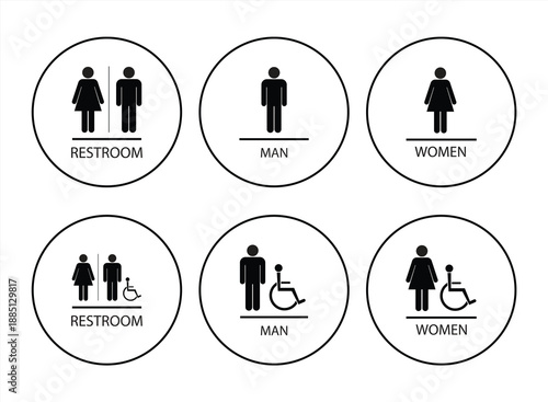 Restroom and Toilet Sign Icons – Men, Women, and Accessible Bathroom Symbols Set for Public Facilities and Wayfinding