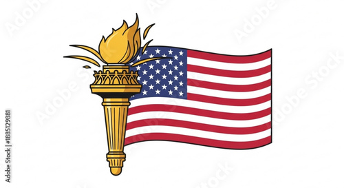 American flag waving with golden torch symbol on white background representing freedom and patriotism