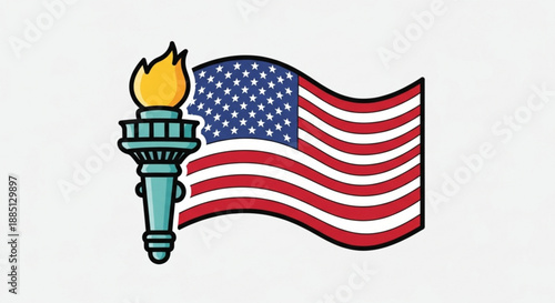 American flag waving with statue of liberty torch symbolizing freedom and patriotism in the united states