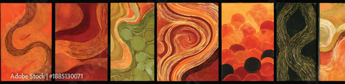 A series of five panels, each depicting an abstract representation of black history