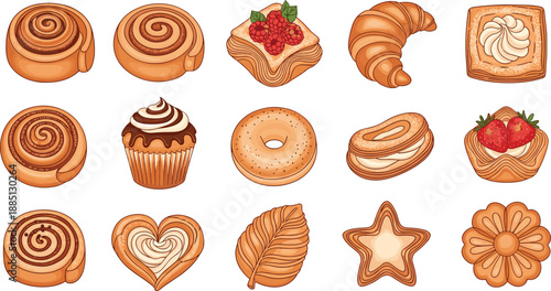 Pastry illustration, baked goods, cartoon dessert, sweet treats, bakery clipart, colorful snacks, croissant drawing, cupcake art, breakfast food, cute pastry, icing detail