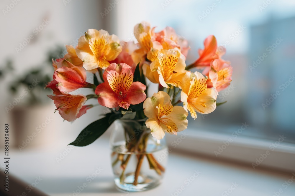 Fototapeta premium Alstroemeria Flowers in Glass Vase on Window Sill with Soft Natural Light for Spring Season Home Decor and Interior Floral Arrangement Branding with Copy Space