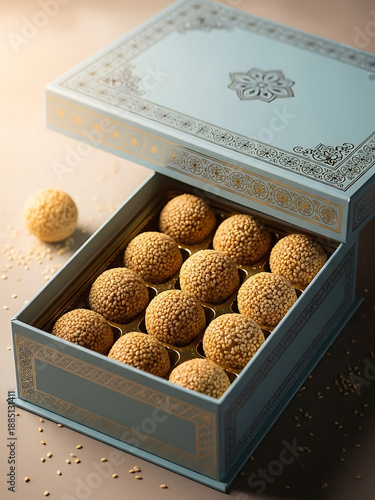 gift box with golden ribbon, Fresh Traditional Indian Til Ladoo in Rustic Woven Basket. Soft Morning Light, Authentic Sesame Balls. Homemade Sweet on Wooden Table.