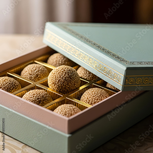 gift box with golden ribbon, Fresh Traditional Indian Til Ladoo in Rustic Woven Basket. Soft Morning Light, Authentic Sesame Balls. Homemade Sweet on Wooden Table.
