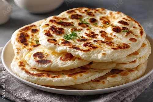 Traditional Egyptian Aish Baladi flatbreads stacked on a white plate