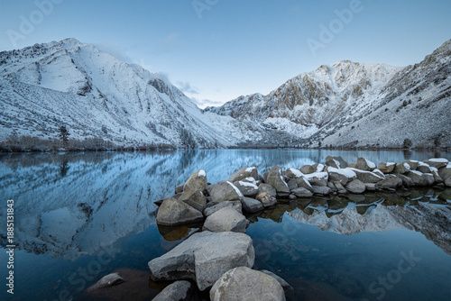 Photography snowy winter mountain lake in the sierra nevada mountains