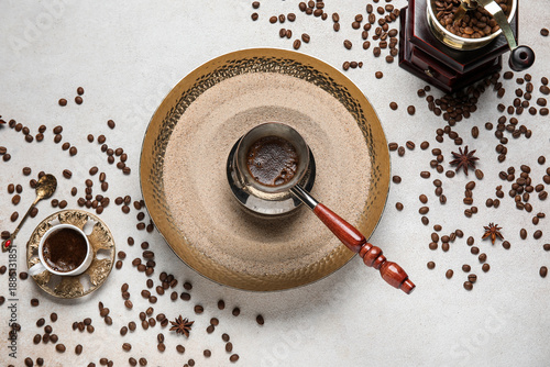 Cezve of hot Turkish coffee...