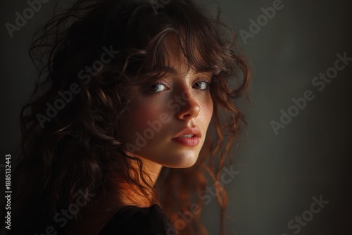 Beautiful young brunette with curly hair poses softly against a muted backdrop in a warm, intimate setting during the late afternoon light