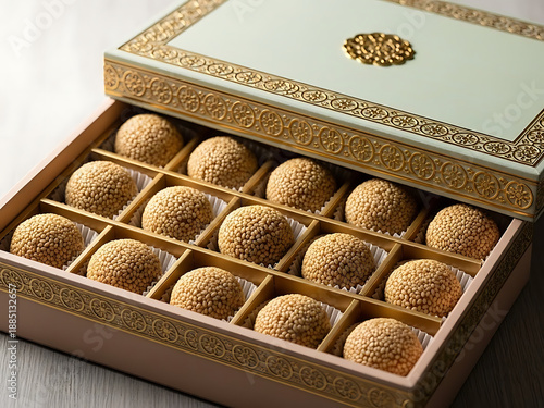 gift box with golden ribbon, Fresh Traditional Indian Til Ladoo in Rustic Woven Basket. Soft Morning Light, Authentic Sesame Balls. Homemade Sweet on Wooden Table.