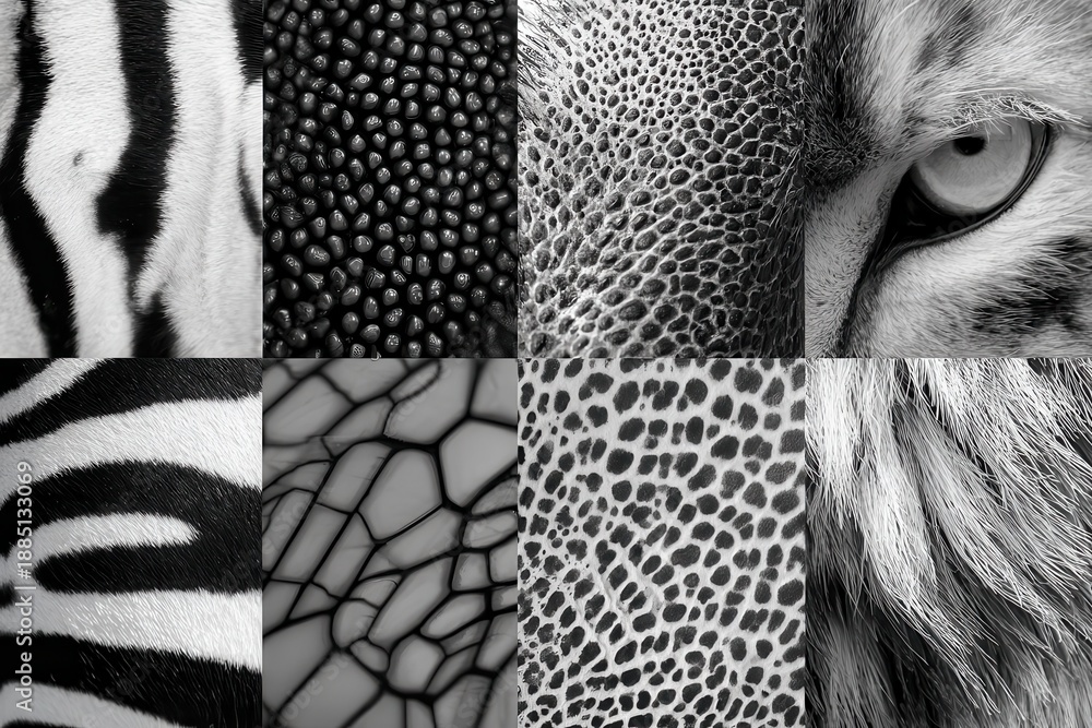 Fototapeta premium Exploration of intricate black and white animal patterns showcasing textures from various species in a captivating, seamless design