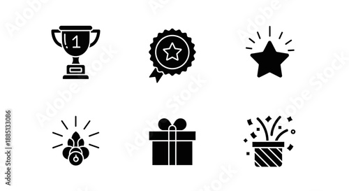 Collection of celebration icons including trophies, medals, stars, candles, gift box, and fireworks