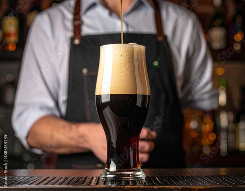  Cerveza oscura con espuma cremosa servida en vaso alto.
