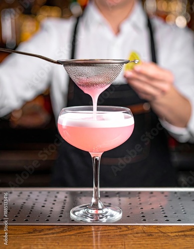  Cóctel rosado siendo colado en copa en ambiente profesional de bar.
