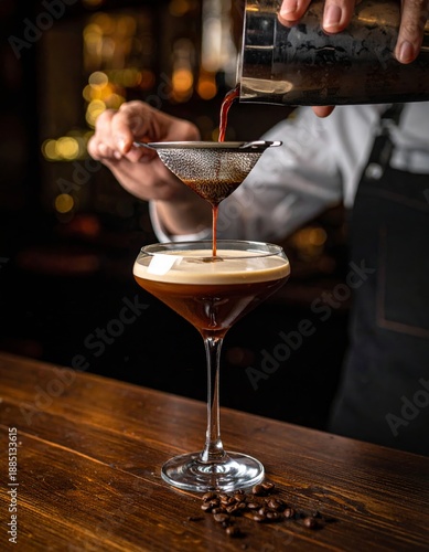  Preparación de bebida filtrada con colador en copa sobre barra.
