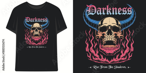 darkness horned skull with pink flames rise from the shadows gothic streetwear t shirt design vector illustration artwork
