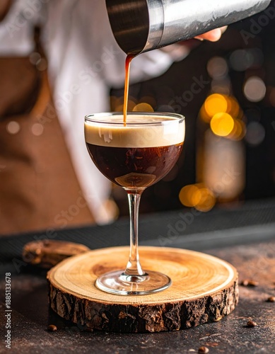  Cóctel con café vertido en copa con espuma y textura rica.
