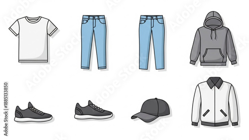 Collection of casual clothing and footwear items.