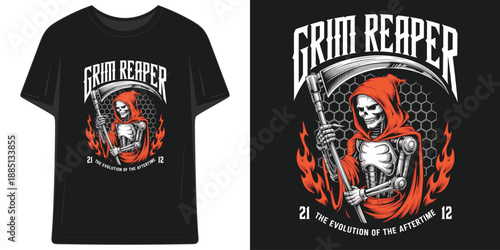 grim reaper skeleton in red hood holding scythe with hell flames evolution of aftertime t shirt design vector illustration artwork

