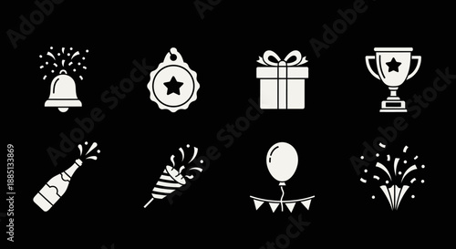 Celebration icons including a bell, medal, gift, trophy, fireworks, balloon, and party horn