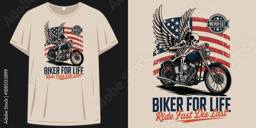 biker for life winged skeleton riding motorcycle with american flag ride fast die last t shirt design vector illustration artwork
