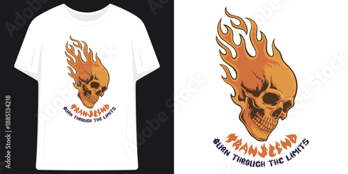 transcend burn through the limits vintage flaming fire skull aesthetic retro streetwear t shirt design vector illustration artwork
