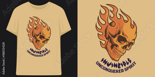 invincible unconquered spirit flaming fire skull vintage retro streetwear aesthetic apparel t shirt design vector illustration artwork
