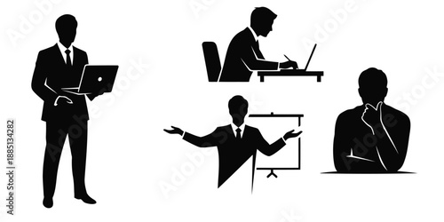 Minimal Human Working Silhouette Vector Icon Set with Professional Activity Poses