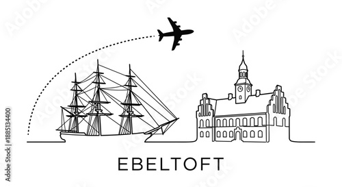 Ebeltoft city landmarks with ship and airplane travel vector illustration