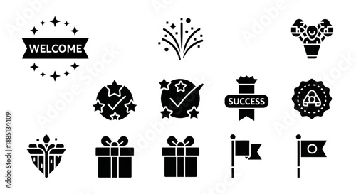 Collection of celebratory, achievement, and welcome icons featuring stars, gifts, badges, flags, and success symbols