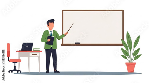 Male teacher stands by whiteboard holding book and pointer stick.