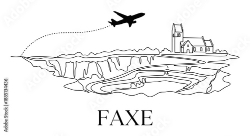 Faxe limestone quarry and church with airplane vector illustration