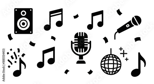 Collection of musical icons including microphone, speaker, musical notes, and disco ball